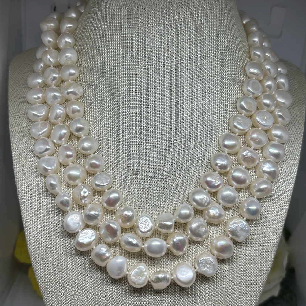11mm cultured baroque freshwater pearl necklace. 53” hand knotted without clasp